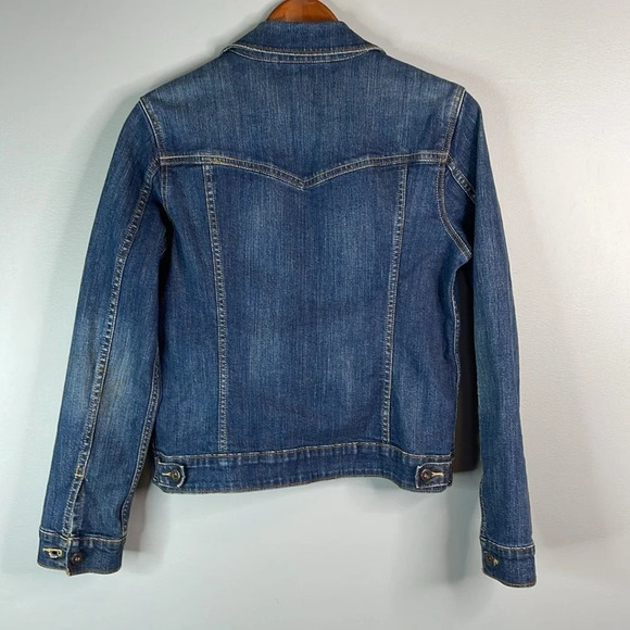 LEVIS Blue Dark Wash Denim Trucker Jean Jacket Red Tab Pockets Cotton Stretch M - Picture 9 of 14